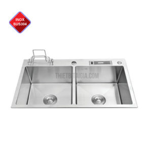 Bồn rửa chén inox 2 ngăn có khay cắm dao KT 82x45cm 8245D