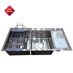 Bồn rửa chén inox 2 ngăn có hố đựng rác loại nhỏ KT 100x48cm