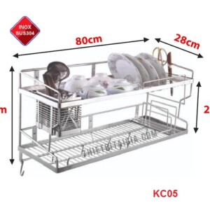 Kệ chén inox 2 tầng treo tường treo tủ bếp có rổ đựng đũa TBKC5 dài 80cm