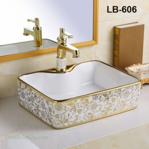 Lavabo Chậu rửa mặt đặt bàn vuông hoa văn vàng LB606