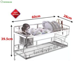 kệ úp chén inox 304 2 tầng treo tường treo tủ bếp dài 60cm