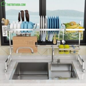 Kệ để bát đĩa trên chậu rửa màu trắng inox SUS304 xước mờ KT85cm