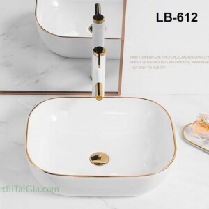 Chậu lavabo đặt bàn màu trắng có viền vàng LB612