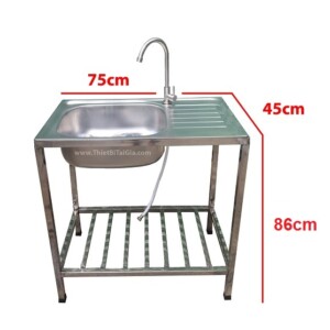 Bồn rửa chén inox 1 ngăn có chân có cánh KT 75x45cm