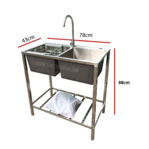 Bồn rửa chén inox 2 ngăn có chân loại dày nặng chắc chắn KT78x43cm
