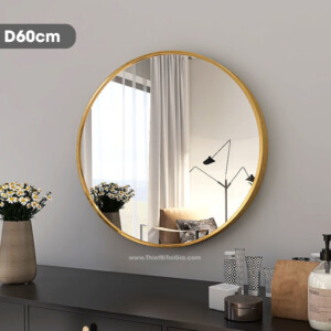 Gương tròn nhà tắm treo tường viền nhôm vàng xước KT60cm