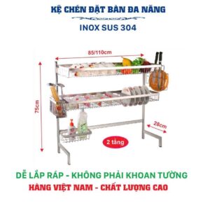 Kệ úp chén trên bồn rửa inox 304 2 tầng màu trắng KT85cm