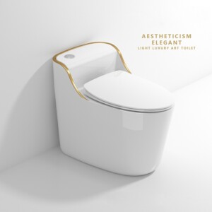 Bồn cầu 1 khối màu trắng viền vàng Aqua Ceramic BC4002