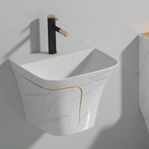 Lavabo treo tường vuông màu trắng vân đá viền vàng KT 50x40x39cm LB31