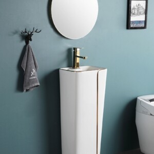 Lavabo chậu rửa mặt đứng màu trắng viền vàng KT 41x41 cao 84cm LB101
