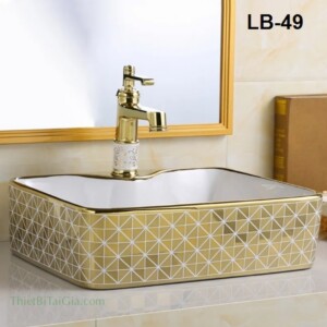 Lavabo chậu rửa mặt vuông đặt bàn caro vàng LB49