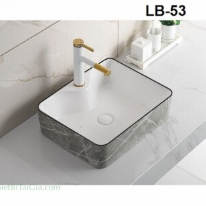 Lavabo chậu rửa mặt vuông đặt bàn vân đá viền đen LB53