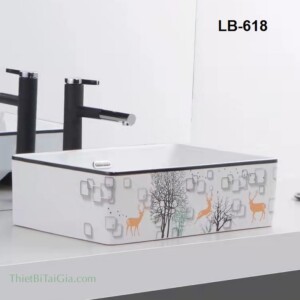 Lavabo chậu rửa mặt vuông đặt bàn hoa văn nai vàng LB618