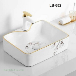 Lavabo chậu rửa mặt vuông đặt bàn họa tiết hoa LB652