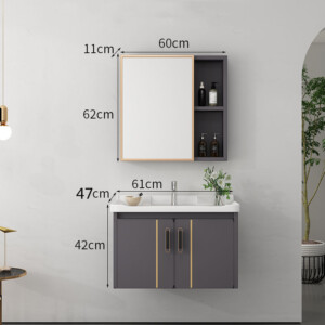 Bộ tủ lavabo nhôm kèm gương treo màu xám TL01 KT60cm