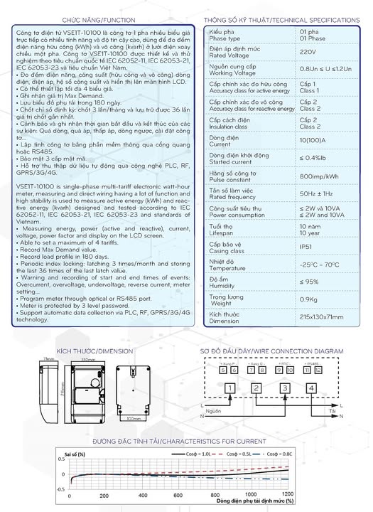 Công tơ điện tử 1 pha Vinasino nhiều biểu giá trực tiếp loại 10(100)A 220V CCX:1 VSE1T-10100 - Hình ảnh 2
