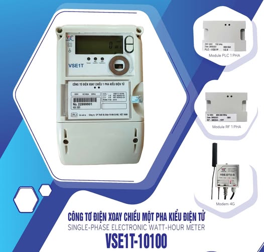 Công tơ điện tử 1 pha Vinasino nhiều biểu giá trực tiếp loại 10(100)A 220V CCX:1 VSE1T-10100
