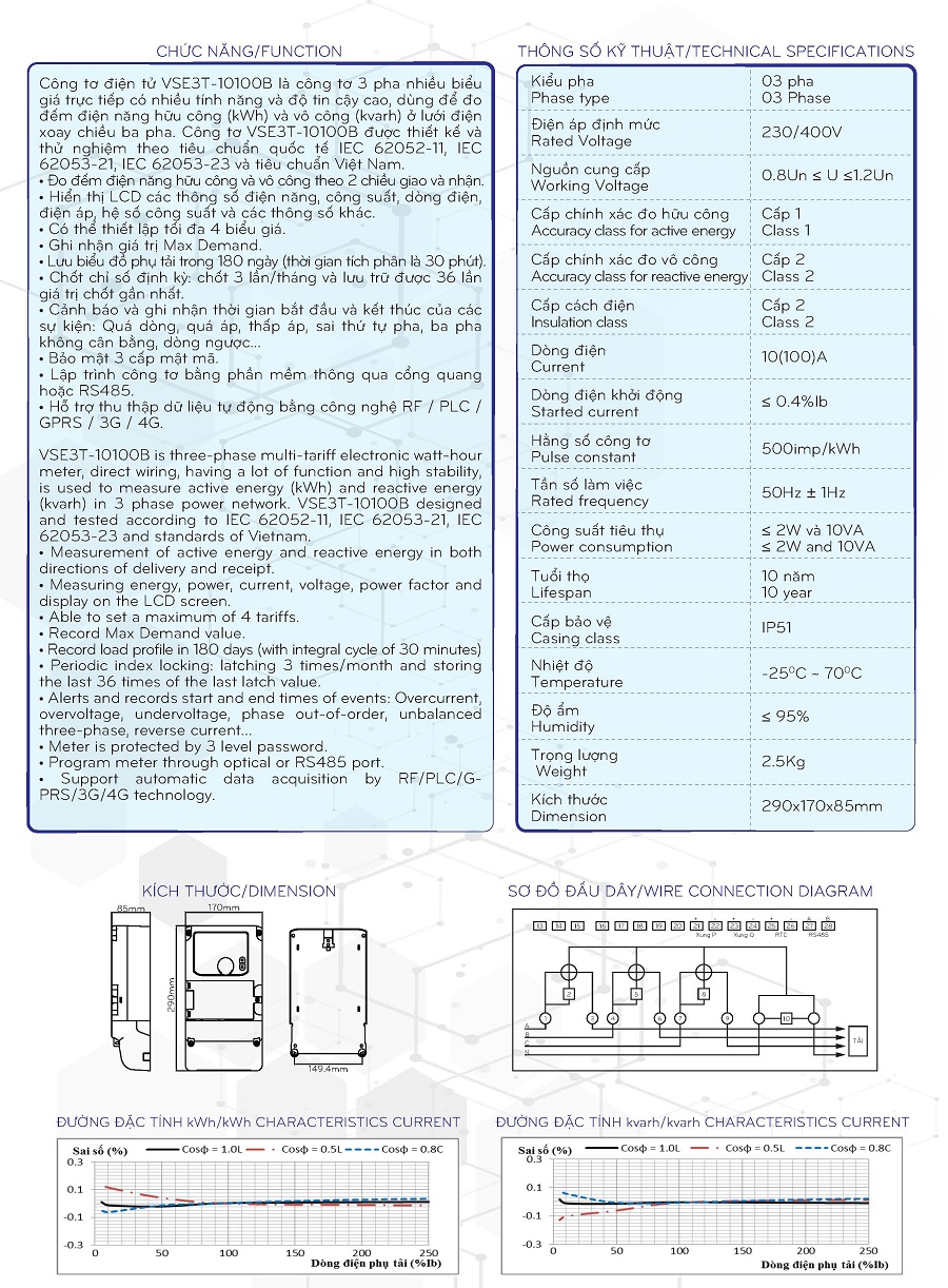 Công tơ điện tử 3 pha gián tiếp đo 2 chiều loại 10(100)A VSE3T-10100B - Hình ảnh 2