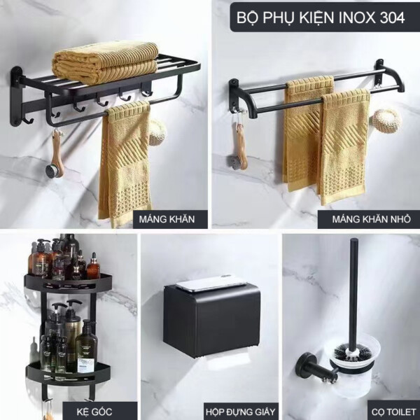 Combo bộ phụ kiện inox nhà tắm 5 món màu đen inox SUS304 cao cấp