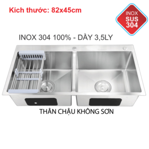 Chậu rửa chén inox 304 cao cấp 2 hộc dày 3.5mm KT82x45cm NORIS