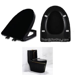 Nắp nhựa bồn cầu 1 khối màu đen chỉ vàng