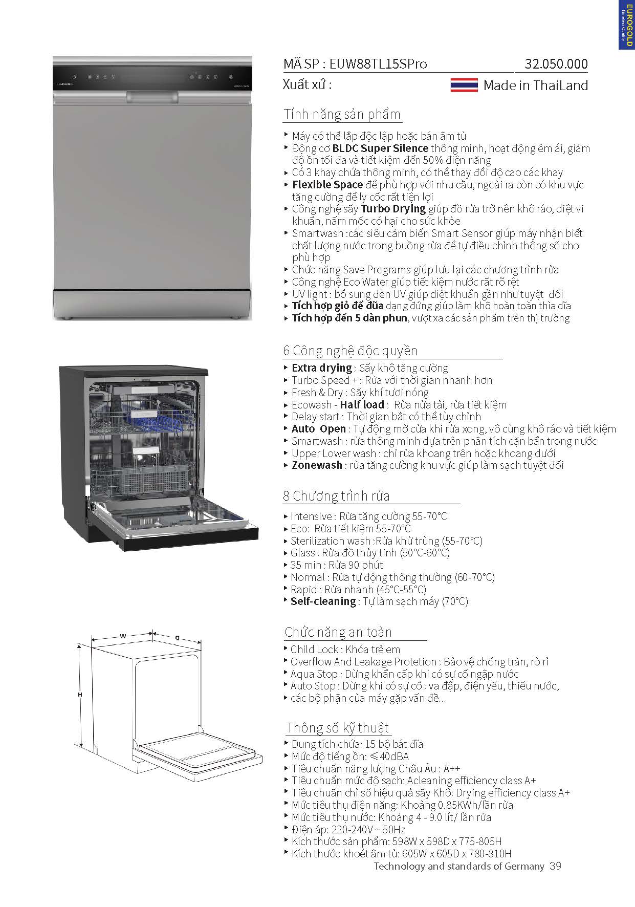 Máy rửa chén bát Eurogold made in ThaiLand EUW88TL15SPro - Hình ảnh 4