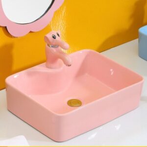Lavabo trẻ em mầm non hình vuông đặt bàn màu hồng NORIS