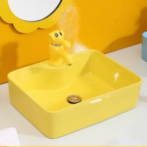 Lavabo trẻ em mầm non hình vuông đặt bàn màu vàng NORIS
