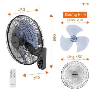 Quạt treo tường có remote màu xám bạc đạn Nanoco NWF1615RC-GR