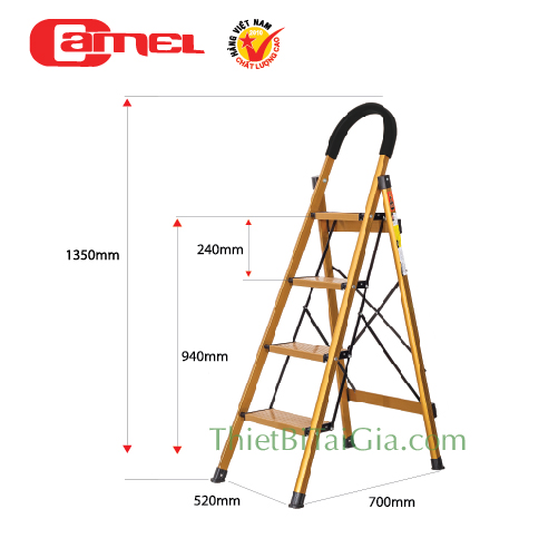 Thang nhôm ghế gia đình 4 bậc màu vàng cao 135cm Camel CAM-CH04V