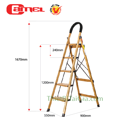 Thang nhôm ghế gia đình 5 bậc màu vàng cao 167cm Camel CAM-CH05V