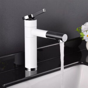 Vòi lavabo điếu tròn nóng lạnh màu trắng đầu màu inox trắng cao 20cm VLB-38