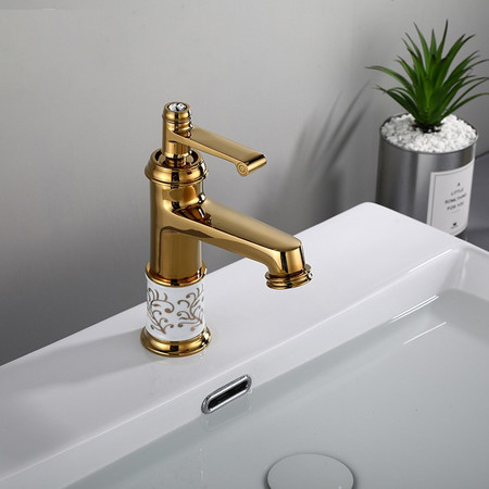 Vòi lavabo hoa văn vàng kiểu tân cổ điển sang trọng cao 20cm VLB-23