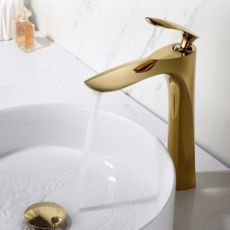 Vòi lavabo nóng lạnh kiểu lá cao 20cm 30cm mạ vàng bóng cao cấp - Hình ảnh 2