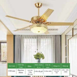 Quạt trần 5 cánh màu vàng bóng sang trọng có đèn Noris QTT-5CV125