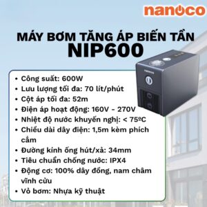 Máy bơm tăng áp biến tần nước nóng lạnh Nanoco tiết kiệm điện 600W NIP600