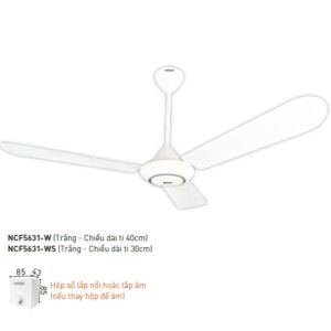 Quạt trần 3 cánh Nanoco 80W màu trắng ti 30-40cm NCF5631-WS