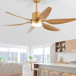 Quạt trần 6 cánh nanoco màu vàng đồng có đèn led ti 41-51cm NCF5462-GL