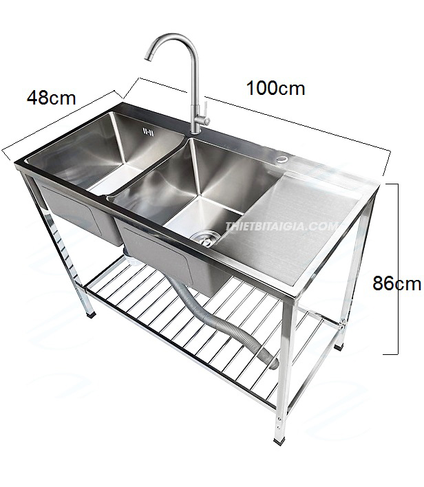 Bộ chậu rửa chén inox có chân 2 ngăn có cánh KT 100x48cm cao 86cm