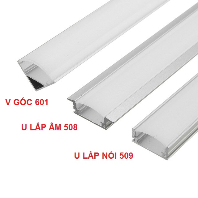 Thanh nhôm định hình led dây nội thất V góc 601 U lắp nổi 509 U lắp âm 508 dài 2m