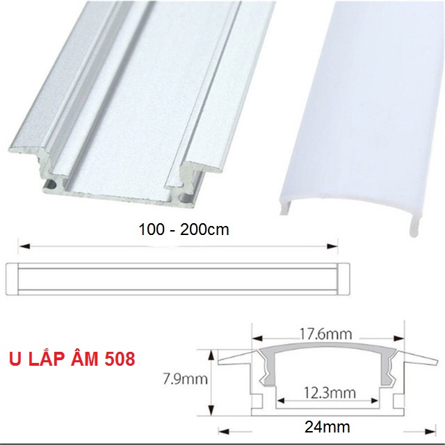Thanh nhôm định hình led dây nội thất V góc 601 U lắp nổi 509 U lắp âm 508 dài 2m - Hình ảnh 4