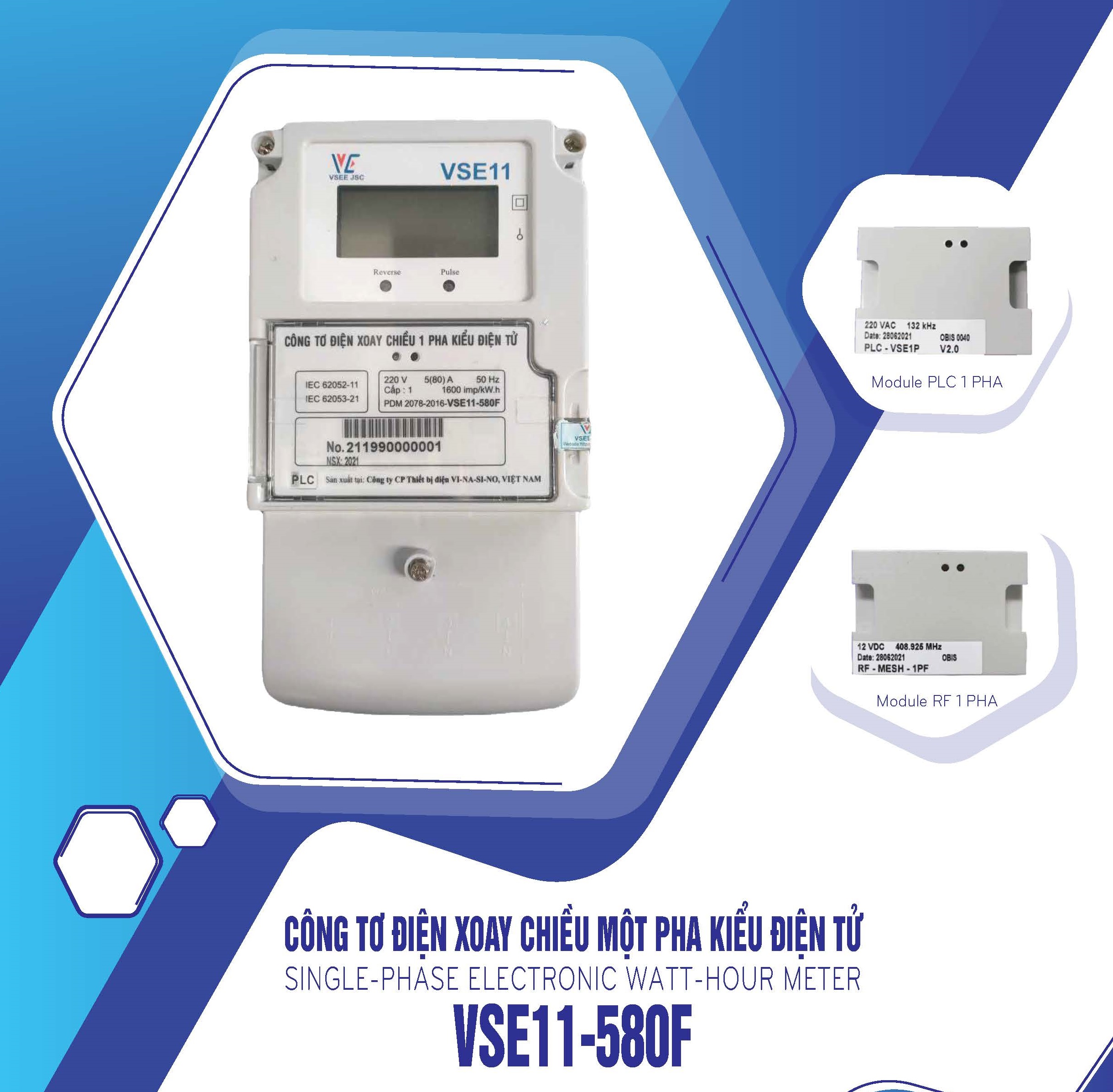 Công tơ điện tử Vinasino 1 pha 1 giá loại 5(80)A 220V CCX:1 VSE11-580F