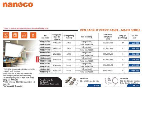 Đèn led panel âm trần thạch cao nanoco 30x30-60x30-60x60-120x30cm dày 32mm NPLB606061