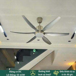 Quạt trần 6 cánh màu bạc có đèn động cơ DC QTT-6CB045
