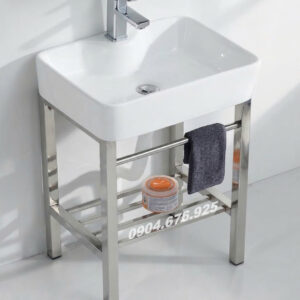 Chậu lavabo sứ rửa tay có chân đứng inox KT 48x37x86cm