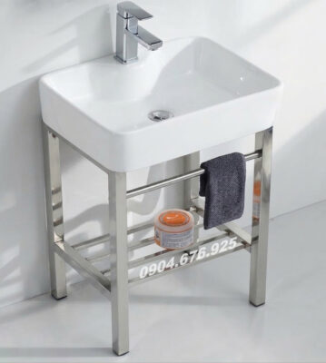 Chậu lavabo sứ rửa tay có chân đứng inox KT 48x37x86cm